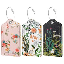 Hnogri 3 Pcs PU Leather Luggage Tags for Suitcase, Travel Cruise Luggage Tag with Privacy Flap, Name ID Label and Metal Loop for Women Men Baggage Handbag School Bag Backpack, Daisy Flowers