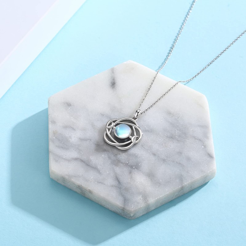 Triple Moon Goddess Necklace Sterling Silver Moonstone Wicca Pendant Pentagram