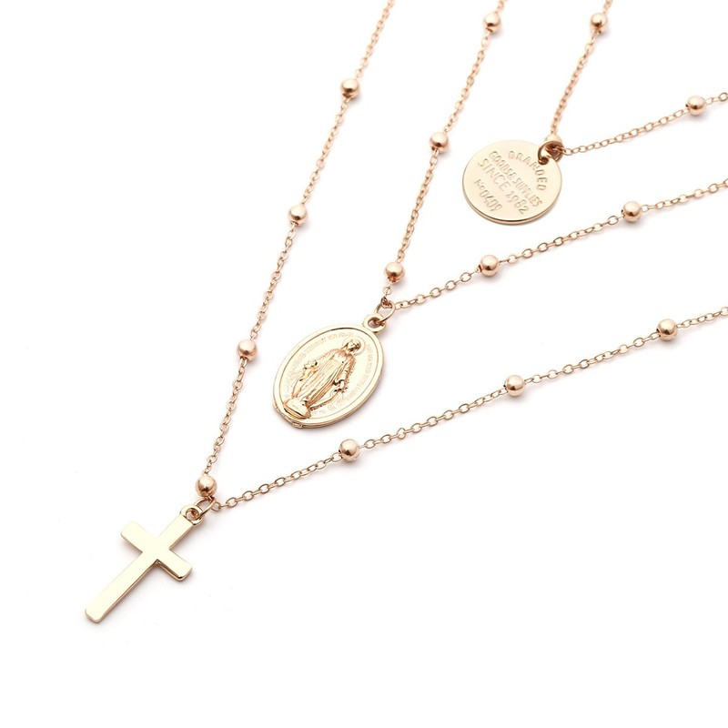 Tiande Multilayer Necklace, Silver Cross Virgin Mary Pendant Chain Necklace