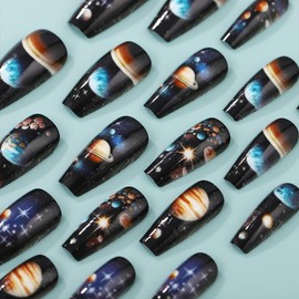 Medium Press on Nails Black Coffin Fake Nails with Full Cover Reusable Glue on Nails Glossy Planet Designs Medium Length Ballet Acrylic Stick on Nails for Women Girls 24Pcs