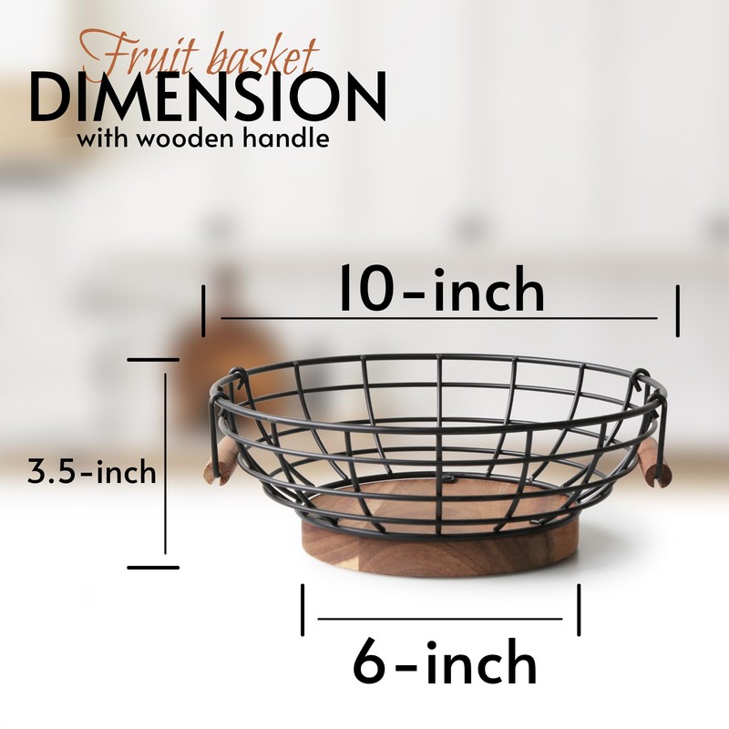 WILDMOS Fruit Basket,black Wire Basket with Acacia Wood Base,large Fruit