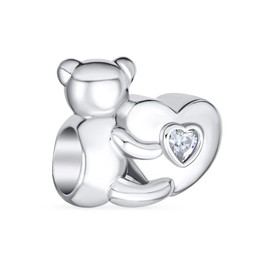 Valentine Heart Stuffed Animal Teddy Bear CZ Accent Charm Bead For Women Tween Daughter .925 Sterling Silver Fits European Bracelet