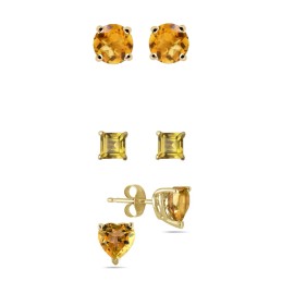 Paris Jewelry 18k Yellow Gold 4Cttw Created Citrine 3 Pair Round, Square Heart Earrings Plated
