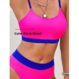 CUPSHE Women's Bikini Set Two Piece Swimsuits High Waisted Scoop Neck Spaghetti Adjustable Straps,M Blue/Magenta