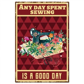 CREATCABIN Sewing Metal Signs Tin Plate Any Day Spent Sewing is A Good Day Sign Vintage Red Sewing Machine Plaque Retro Poster for Living Room Family Home Wall Decorations, 8x12Inch