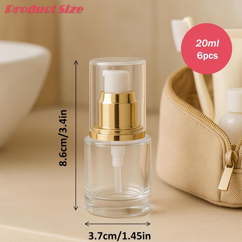 6Packs 20ml Clear Glass Lotion Pump Bottles Refillable Travel Cosmetic