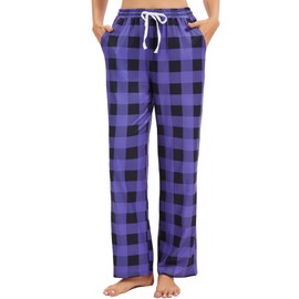 Kabento Pajama Pants Women Cotton Plaid Sleep Lounge Pj Bottoms with Pockets, Purple, Small