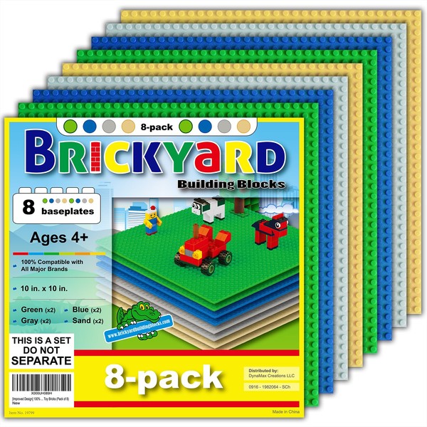 Brickyard Building Blocks 8 Baseplates, Improved Design 10 x 10 Inches Large Thick Base Plates for Building Bricks, for Activity Table or Displaying Toys (2 Green, 2 Blue, 2 Gray, 2 Sand - 8-Pack)