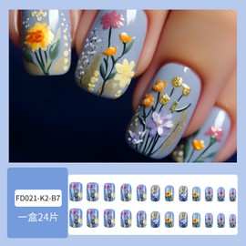 Floral Press on Nails Short Square Fake Nails Glossy Full Cover Flower design Acrylic Nails False Nails 3d Spring Glue on Nails Reusable Floral Nails Blue Stick on Nails for Women Art Manicure24pcs