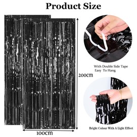2pcs 3.2ft x 6.5ft Black Metallic Tinsel Curtains Foil Curtain Decorations Foil Fringe Curtain Door Curtains Hanging Streamers for Party Supplies (Black)