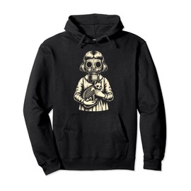Creepy Girl Wearing Gas Mask and Holding a Cat Skeleton Pullover Hoodie