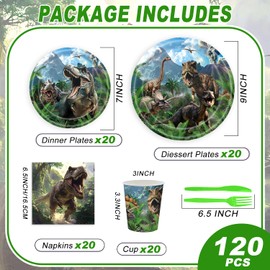 120PCS Dinosaur Party Birthday Supplies for Boys Kids Dino World Themed Tableware Set Dinosaur Park Party Decorations Tableware Set Plates Napkin Cups Set for 20 Guests