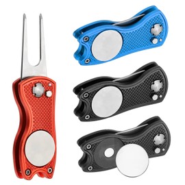 PATIKIL Golf Divot Repair Tool, 4 Pack Foldable Metal Golf Green Divot Tool with Magnetic Ball Marker & Stainless Steel Fork for Golfer, Black/Blue/Red