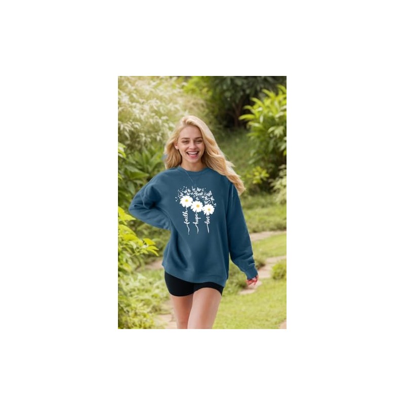 Ladicme Christian Sweatshirts For Women Oversize Faith-Hope-Love Daisy Graphic Pullover