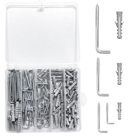 AIUNBEST Set of 210 Screw Hooks with Dowels, Hook Nails, 4 Sizes, L-Hooks, Straight Screw-In Hooks, Picture Hooks, Wall Hooks for Screwing Household, Workshop and Garden