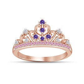 AFFY Round Cut Simulated Multi Stone Rapunzel Princess Style Engagement Wedding Crown Ring in 14k Rose Gold Over Sterling Silver with Ring Size 8.5
