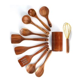 11-Piece Premium Teak Wood Utensil Set with Holder - Durable Non Stick Ergonomic Spoons & Spatulas for Safe Comfortable & Effortless Cooking - Perfect Kitchen Gift (11-Piece Teak Wood Utensils Set)