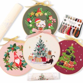 REEWISLY 4pcs of Christmas Embroidery kit with Patterns and Instructions, DIY Adult Cross Stitch Kits, Including 4 Plastic Embroidery Rings, 1 Pair of Scissors, Colored Threads and Needles,Christmas