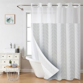 Planially No Hooks Boho Weave Shower Curtain with Snap in Liner,72W*74L Hotel Style with See Through Top Window, Fabric Outer Curtain & Waterproof Inner Liner,Ripple