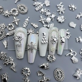 Pack of 50 3D Silver Nail Charms Christmas Nail Charms Nails Charms Alloy Christmas Tree Christmas Wreath Snowflake Elk Christmas Charms Nail Design Accessories Nail Decoration Christmas Nail Art