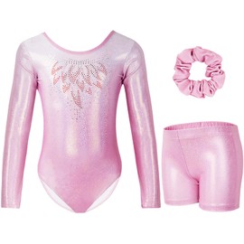 Gogokids Girls' 3-Piece Gymnastics Leotards, Long-Sleeved Gymnastics Set with Shorts and Headband, Glittering Ballet Uniform Jerseys - Gymnastics Outfit with Colour Gradient Design for 3-12 Years,