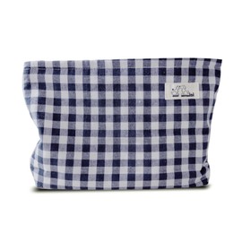 HAPPYHEIDI Navy Blue Gingham Cotton Makeup Bag Cosmetic Toiletry Travel Pouch, Tote Purse Organizer, Zipper Closure, Canvas Lined