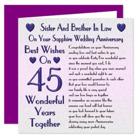 Sister & Brother In Law 45th Wedding Anniversary Card - On Your Sapphire Anniversary - 45 Years - Sentimental Verse