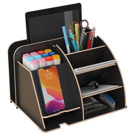 NUODWELL Wooden Desk Organizer with Phone Docking Station, Office Desk Organiser, Pen Holder, Storage Box, Desk Accessories (Black)