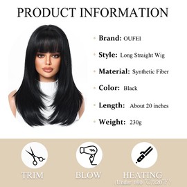 OUFEI Black Wigs for Women Oversized Scalp Medium Length Long Straight Wig with Bangs Synthetic Hair Heat Resistant Wigs for Everyday Party Cosplay Wear