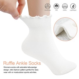 H HOME-MART 3 Pairs Womens Socks,Cute Ruffle Turn-Cuff Casual Ankle Frilly Socks White Crew Socks Women
