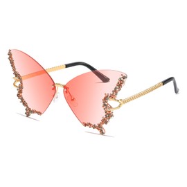 YAMEIZE Diamond Butterfly Rimless Sunglasses - Trendy Crystal Rhinestone Butterfly Eyewear UV Protection for Women Men Party, Gradient Pink, Oversized