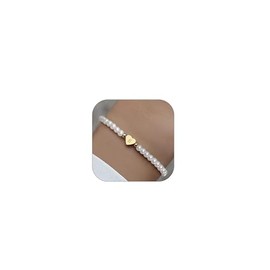 ALRNBY Gold Pearl Initial Bracelet for Women Dainty Pearl Bead Bracelet Heart Charm Bracelet Stainless Steel Jewelry Gift(E)