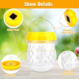 Wasp Traps Outdoor Hanging, Yellow Jacket Wasp Catcher for Trapping Hornet, Non-Toxic Reusable Wasp Catcher for Outdoors Trapping Wasp, Wasp Trap Solar Power Outdoor with LED Light,2P-Yellow