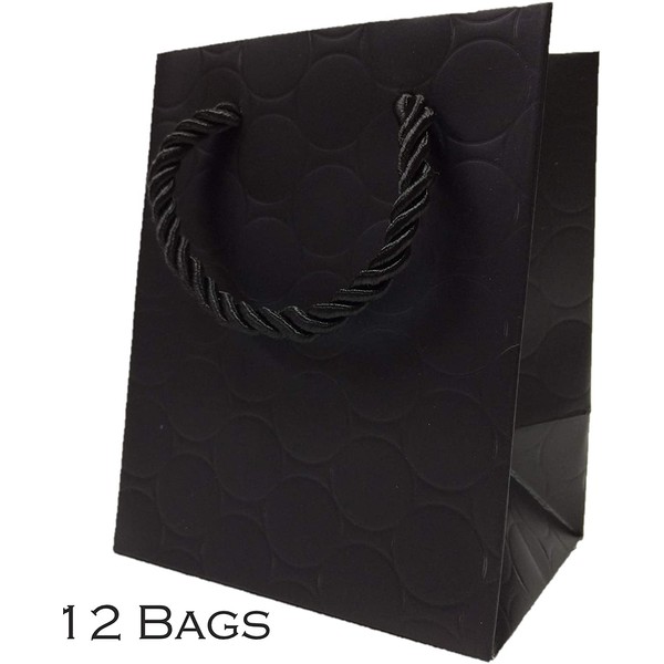Small Gift Bags with Handles Black Little Paper Bags Mini (12 Pack) 4x5x3 - Premium Quality Fancy Cute Modern Circle Embossed for Jewelry Merchandise Charms Favors Wedding Shopping