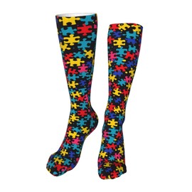 ZCERA Kids Cozy Knee High Tube Compression Socks Autism Awareness Colorful Puzzle Novelty Athletic Long Socks for Child Girls Boys 19.8in