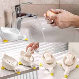 Ceramic Cute Duck Soap Dish, Self Draining Soap Holder for Shower Bathroom Bathtub Kitchen Sink Ceramic Tray Holder