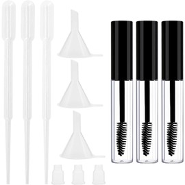 Paquete de 3 botellas vacías de tubo de rímel de 10 ml con varita de pestañas, inserciones de goma, embudos y tubos, botella de crema para pestañas con pipetas de transferencia de embudos, para aceite de ricino/aceite de crecimiento de pestañas, Negro, Bo