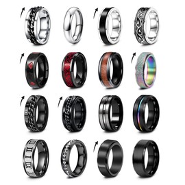 EIELO 16Pcs Stainless Steel Men Fidget Rings for Men Women Stress Anxiety Relief Spinning Rings Cool Black Rings Fashion Chain Band Ring Mens Wedding Engagement Ring Set 9
