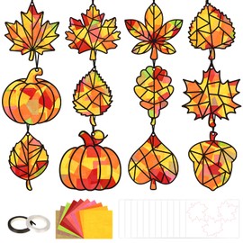 40 Pcs Fall Crafts for Kids Thanksgiving Leaves Pumpkins Paper Suncatchers DIY Kit Autumn Thanksgiving Activities Decorations Maple Leaf Craft Ornament Window Stained Glass Effect Art Supplies (Black)