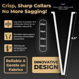 Million Dollar Collar Placket Stays - Slick Collar for Men & Women Dress Shirts with Universal Compatibility, Keeps Firm & Crisp, Made from Proprietary Material 5-Pack White