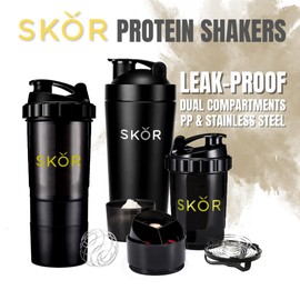 SKOR Protein Shaker Bottles | 28oz Stainless Steel Blender Shaker Bottle Cup for Gym Protein Shake & Smoothie Cup | with 22oz BPA-Free PP Protein Shaker Bottle with Whisks and Powder Compartments