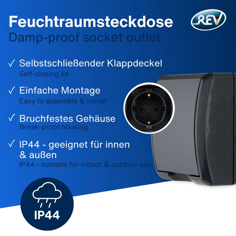 REV AquaForm, Socket - Wet Room, IP44 Single Pole, Surface-Mounted,