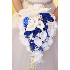 IFFO Royal Blue Bouquet, Bridal Bouquets for Wedding，White Calla Lily Bridal Bouquet, Water Drops Waterfall Shape, Luxury Jewelry Bouquet Romantic Wedding (Have Jewelry)