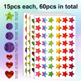 60 Sheet 3285 Pcs Holographic Foil Stickers, Sparkly Holographic Kids Reward Stickers with The Shape of Heart Star Round for Behavior Chart Student Planner School Classroom Teacher Supplies