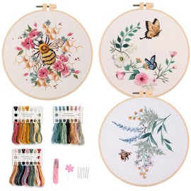 Myfelicity Embroidery kit, 3-Piece Bee and Butterfly Floral Designs, Including Tools Handmade Embroidery Hoop Art Set (red)