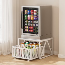 Urban Deco Mini Fridge Stand with Storage, Heavy Duty Fridge Cart with Drawer Basket, Mini Refrigerator Table for 220 LBS, Mobile Fridge Stand with Swivel Wheels for Dorm,Office,Home,White