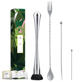 Homestia 4PCS Muddler Set for Cocktails, 10 Inch 304 Stainless Steel Cocktail Muddler for Mojito and Fruit Drinks, Home Bar Tool Set of Bar Spoon Swizzle Stick Cocktail Pick Silver