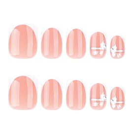 French Tip Press on Nails White Fake Nails Short Square Glue on Nails Flower with Design False Nails Glossy Reusable Artificial Acrylic Full Cover Nude Stick on Nails for Women Girls Manicure 24Pcs