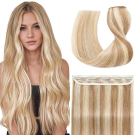 S-noilite Clip in Human Hair Extensions 1 Piece Balayage 5 Clips 3/4 Full Head Lighter One-Piece Design Adding Hair Volume 18Inch 50g Golden Brown Mix Bleach Blonde