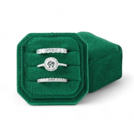BLUTETE Square-Octagon Velvet 3 Slots Jewelry Ring Box Engagement Wedding Box Keepsake Box Bridal Photo Ring Triple Slots (Dark Emerald)